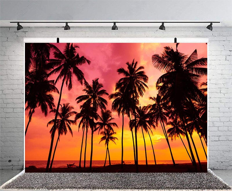 Sensfun 7x5ft Summer Seaside Sunset Photography Backdrop Vinyl Palm Trees Silhouettes on Tropical Beach Photo Background for Baby Shower Happy Birthday Party Children Photo Studio Props WP125 - Image 2